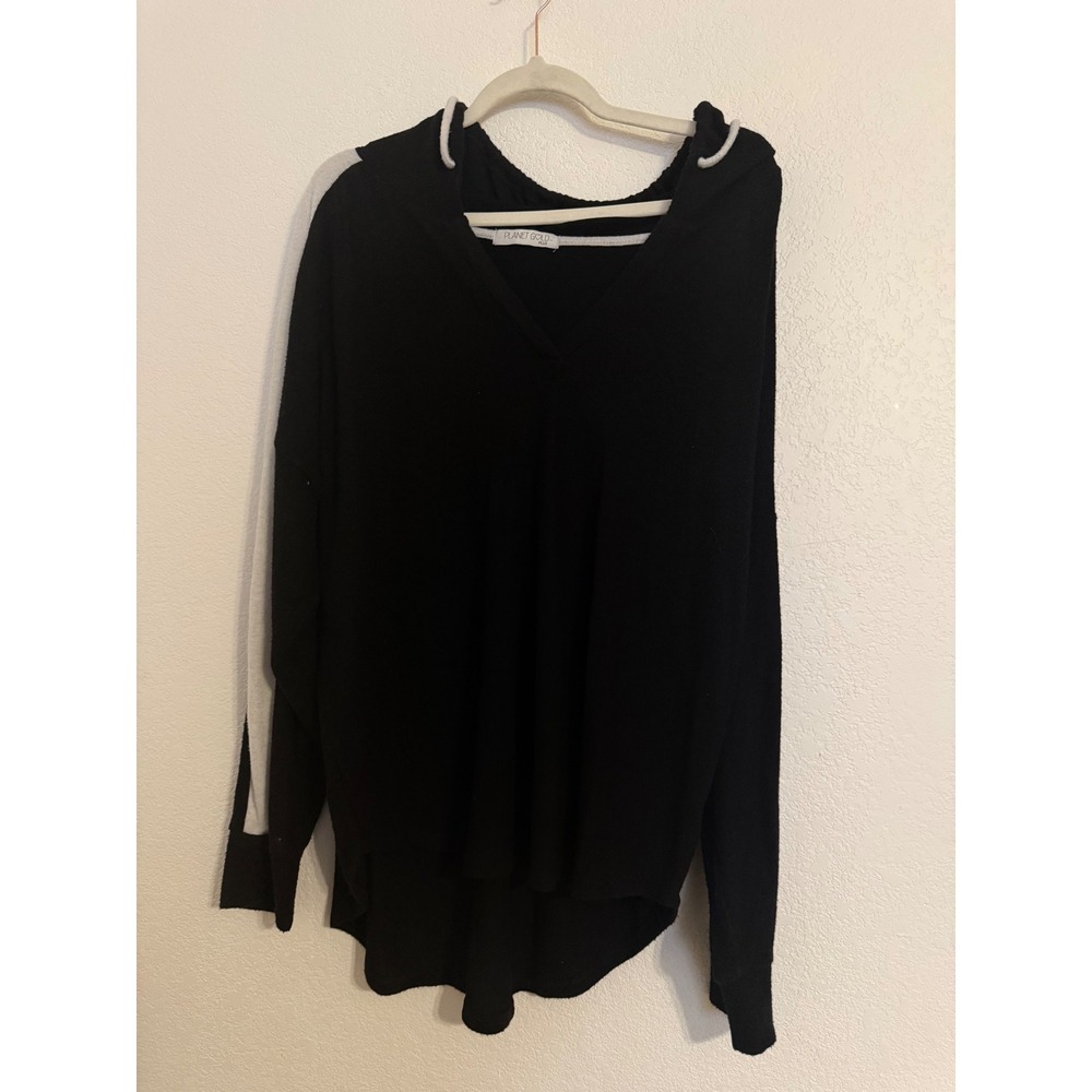 Planet Gold Plus Womens Black White Striped High Low Hooded Knit Sweater Top